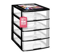 Cajonera Plástico 4 Cajones Transparente Negro - Organizador de Escritorio, Mini Cajonera para Papeles y Material de Oficina, Organizador de Documentos 355 x 265 x 350 mm