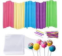 Cake Pop Set, Lollipop de 15 cm, Para Palitos de Pastel, Postres y Chocolates, 100 Cake Pop Sticks, 100 bolsas de celofán transparente con 100 lazos