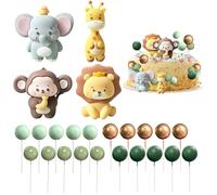 Cake Topper Cumpleaños: PRITOK 24 Piezas Animales Decoración para Pasteles Decoración de Selva Cumpleaños Jirafa, León, Elefante, Mono, Decoración de Pasteles, Mini Globos para Boda Fiesta Bebé