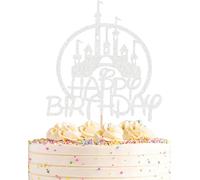 Cake Topper Feliz Cumpleaños con Diseño Castillo - Decoración de Tarta Colorida para Cumpleaños Infantil, Fiesta Princesa y Cuento de Hadas (Plateado)