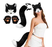 CAKEEYUM 3Pcs/Set Therian Gear, Halloween Therian Mask and Tail, Gloves Set Black and White Half Face Fox Mask with Adjustable Buckle Furry Tail for Halloween Cosplay Cat
