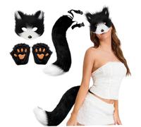 CAKEEYUM 3Pcs/Set Therian Gear Halloween Therian Mask and Tail Gloves Set Black and White Half Face Fox Mask with Adjustable Buckle Furry Tail for Halloween Cosplay Cat