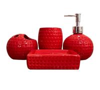 CAKEEYUM 4pcs Juego de baño Rojo, Accesorios de baño Rojo de cerámica Incluye Soporte de Cepillo de Dientes, Vaso, dispensador de loción, Plato de jabón para decoración de de Navidad, Juego de