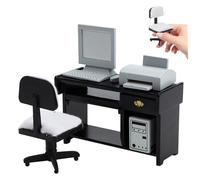 CAKEEYUM Escritorio en Miniatura 1/12 Muebles de casa de muñecas de Madera simulación casa de muñecas Mesa de Oficina Silla con computadora e Impresora en Miniatura para Accesorios de de Escritor
