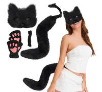 CAKEEYUM Fox Costume Halloween Furry Therian Mask And Tail & Paws Gloves Plush Fluffy Cat Wolf Furry Costume with Mask, Tail & Gloves for Cosplay Party Halloween Masquerade (Black)