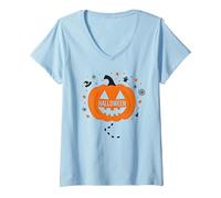 Calabaza de Halloween Espeluznante diversión para Fiestas, Camiseta Cuello V, Mujer, Azul Bebé, S