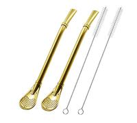 Calabaza de paja de té de acero inoxidable, juego de 2 bombillas, cuchara de filtro de té de hojas sueltas, palillo para té helado, café, cóctel, con 2 cepillos de limpieza (dorado)