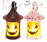 Calabazas Decorativas Halloween Velas LED, 2 Calabaza Halloween de Terror, Sin Llama, con Batería, Adecuada Para Interiores y Exteriores, Mesa de Comedor, Jardín, Fiesta, Decoración de Carnaval