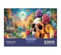 Calavera con Flores y Velas 1000 Piezas Paquete De Puzzle Ilustración Oscura Puzzle Cartón Extra Grueso - Favorito De Coleccionistas, Relajación, Regalo Genial para Viajes O Fiestas 52x38cm/1000pcs