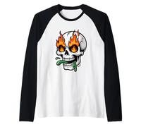 Calavera con Fuego en los Ojos y Lengua babosa Camiseta Manga Raglan