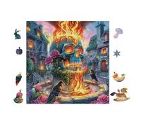 Calavera con Fuego y Ciudad Puzzle 100 Piezas Cartón Resistente para Adultos Entretenimiento Individual Desconectar Estrés Colgar En Pared Idea De Regalo 28x28cm