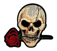 Calavera Con Rosa - Parches Termoadhesivos Bordados Aplique Para Ropa, Tamaño: 8,4 x 7,5 cm