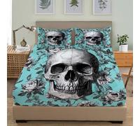 Calavera de Estilo Oscuro Cabeza Suave Transpirable Juego de Sábana Ajustable 90x190 cm Hipoalergénica Juego de Ropa de Cama, Cian Cómoda Cama de Soltero 3 Piezas Sábana Ajustable