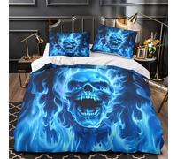 Calavera de llama azul Funda de Edredón Diseño 3D Juego de 3 Piezas Suave Cierre de Cremallera Oculta incluye Fundas de Almohada Fantasía de terror Funda Edredon for Ancianos Single（135x200cm）