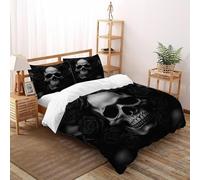 Calavera Negra Funda Edrojoon 3 Piezas con Impresión En 3D Horror DarkFlora con Funda Almohada Double（200x200cm） Microfibra Juego De Cama para para Niñosy Hombres