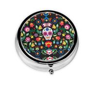 Calavera y flores de terror de azúcar. Este pequeño pastillero redondo impreso es un organizador portátil de píldoras y vitaminas, perfecto para bolsillos, bolsos y viajes.