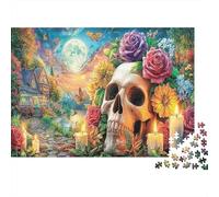 Calavera y Flores Rompecabezas Premium de cartón Calavera con Velas y Flores en el Pueblo, Entretenimiento contra el aburrimiento y decoración del hogar 52x38cm/1000 Piezas