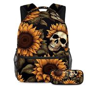 Calavera y girasoles se mantienen a la moda y organizados con este juego de 2 mochilas escolares para niños, niñas y adolescentes, tu mejor bolsa de viaje para libros, Multicolor#01, B：29.4x20x40cm\