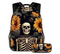 Calavera y girasoles se mantienen a la moda y organizados con este juego de 2 mochilas escolares para niños, niñas y adolescentes, tu mejor bolsa de viaje para libros, Multicolor#06, B：29.4x20x40cm\