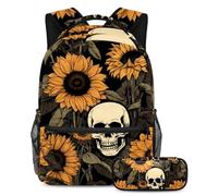Calavera y girasoles se mantienen a la moda y organizados con este juego de 2 mochilas escolares para niños, niñas y adolescentes, tu mejor bolsa de viaje para libros, Multicolor#02, B：29.4x20x40cm\