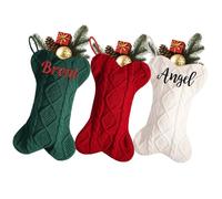 Calcetín de Navidad de punto con forma de hueso grande de 16.5 pulgadas con nombre bordado, bordado para colgar a medida, medias de Navidad de punto trenzado para decoración de chimenea familiar