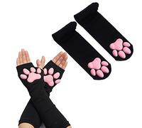 Calcetines altos hasta el muslo con almohadillas de gato, bonitos, suaves, 3D, manoplas, para niñas, mujeres, conjunto de cosplay, Talla única