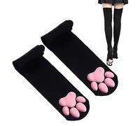 Calcetines altos hasta el muslo con almohadillas de gato, bonitos, suaves, 3D, manoplas, para niñas, mujeres, conjunto de cosplay, Calcetines negros, M