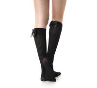 Calcetines altos hasta la rodilla de microfibra Lurex con lazo. Calcetines largos semiopacos con purpurina 30 denier n.º 1157, Negro, Altoa única