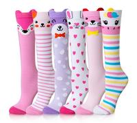 Calcetines altos hasta la rodilla para niñas, divertidos dibujos animados, botas largas y altas, de algodón, calcetines cálidos para niños, Dibujos animados rosa y morado, 3-12 Years