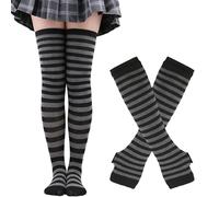 Calcetines altos hasta la rodilla y el muslo para mujer, diseño de rayas arcoíris, guantes sin dedos para disfraz de Halloween (negro), negro, gris, 30 x 8 cm
