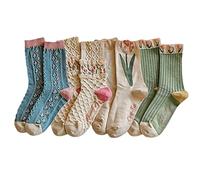 Calcetines casuales vintage de algodón florales para mujer, 4 pares de calcetines holgados con volantes 5-9 para adolescentes por encima del tobillo, calcetines atléticos (serie Tulip (4 pares)