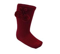 Calcetines de algodón para bebés y niñas, con pompones españoles, corazones, calcetines largos hasta la rodilla con cinta de pompón, cinta de pompón texturizada, calcetines acanalados borgoña, S355, 0
