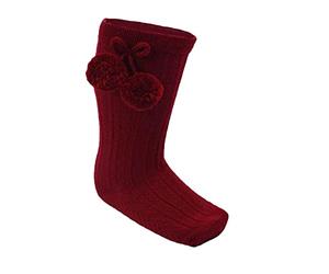 Calcetines de algodón para bebés y niñas, con pompones españoles, corazones, calcetines largos hasta la rodilla con cinta de pompón, cinta de pompón texturizada, calcetines acanalados borgoña, S355, 0