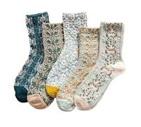 Calcetines de Algodón Vintage Embossed, 5 Pares para Mujeres, Bordados Florales (Largos)