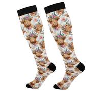 Calcetines De Compresión Vacas De Las Tierras Altas Con Flores Suaves Deporte Socks Antiampollas Calcetines Vuelos Para Mujeres Soporte Enfermera Recuperación 50Cm