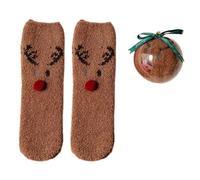 Calcetines de Navidad de forro polar coral con bolas para decoración de árboles, calcetines de pantuflas de Navidad, cuernos marrones, Talla única