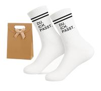 Calcetines de tenis blancos con texto en alemán "Du Ich Passt 1 Paar weiße Tennissocken mit Geschenktasche Beste Freundin Geschenke Geburtstag Liebe Partnerin Alltag Sport Freizeit Überraschung