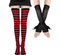 Calcetines Hasta la Rodilla para Mujer, Calcetines Largos a Rayas, Guantes Largos de Encaje Sin Dedos, Guantes de Encaje Negro, Guantes de Tela de Araña para Halloween, Carnaval, Cosplay