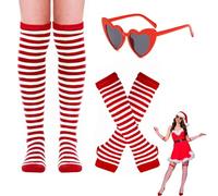 Calcetines hasta la rodilla y guantes a rayas con gafas de corazón para mujer, set de 3 piezas, color rojo y blanco