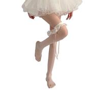 Calcetines largos de seda para mujer JK Girl Lindo lazo encaje volantes ribete transparente fino muslo alto medias medias medias de nailon, Blanco hasta la rodilla, Altoa única