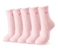 Calcetines mullidos con lazo para mujer, calcetines esponjosos y acogedores, bordados, suaves, acogedores, gruesos, para dormir en casa para Navidad, 5 rosa, Talla única