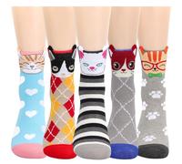 Calcetines Originales de Gatos para Mujer - Calcetines de Algodon con Diseños de Cara de Animal - Regalos Divertidos de Cumpleaños,Navidad y Amigo Invisible Niñas - Regalos Personalizados-5 pares