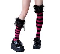 Calcetines punk a rayas hasta el muslo, diseño de encaje con volantes y lazos para fiestas y uso diario, calcetines de fiesta, Rayas negras y rojas, Talla única