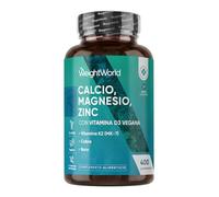 Calcio, Magnesio y Zinc con Vitamina D3, K2 y Más - 400 Comprimidos Veganos