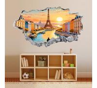 Calcomanía de pared 3D Smashed Art Decor Vista Del Atardecer De La Torre Eiffel Pegatinas De Pared De Vinilo De Arte De Tatuaje De Pared Casas, Ciudades, Ríos Para Niños Dormitorio Mural Hogar Regalo