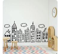 Calcomanía de pared City Skyline Doodle Cloud Etiqueta de la pared Etiqueta de la pared dibujada a mano Decoración del hogar, Negro, 114 cm de ancho x 56 cm de alto