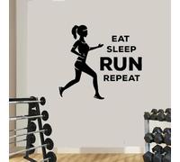 Calcomanía de pared de fitness con frase "Comer, dormir, correr, repetir, gimnasio", vinilo para pared, para dormitorio, culturismo, entrenamiento, mural para chica