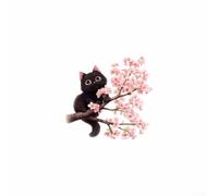 Calcomanía de pared de gato negro con elemento de diseño de flor de cerezo para baño, cocina y decoración de dormitorio