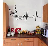 Calcomanía de pared La vida comienza después del café Latido del corazón Etiqueta de la pared Calcomanía Cocina Restaurante Cafetería Tienda Decoración del hogar, negro, 80 cm de ancho x 41 cm de alto