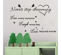 Calcomanía de vinilo con mensaje en inglés «Never Stop Dreaming Live Laugh Love» para decoración de dormitorio, sala de estar, ventana y puerta